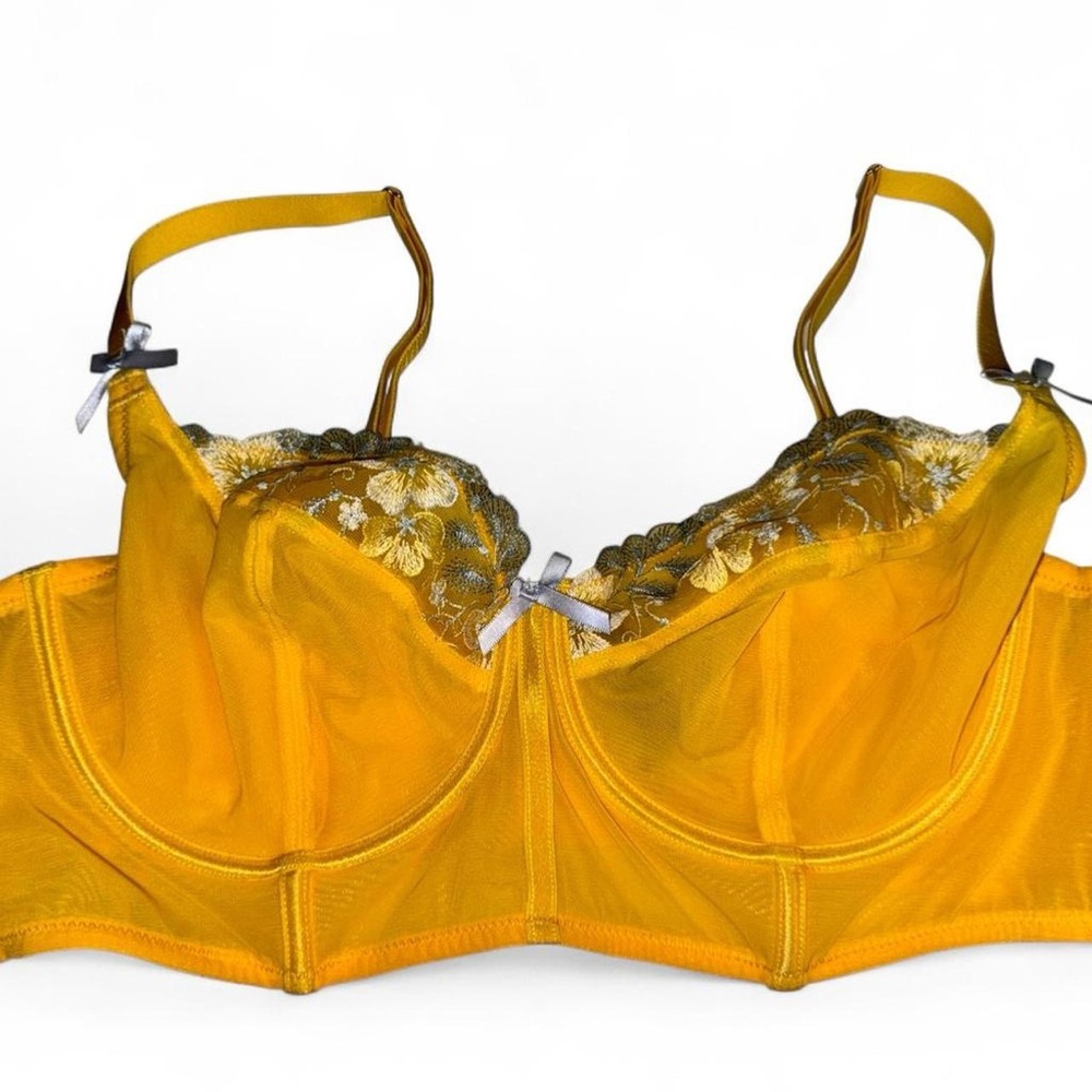 ADORE ME - 38DD, Yellow Floral Lace Bra with White Bow Detail